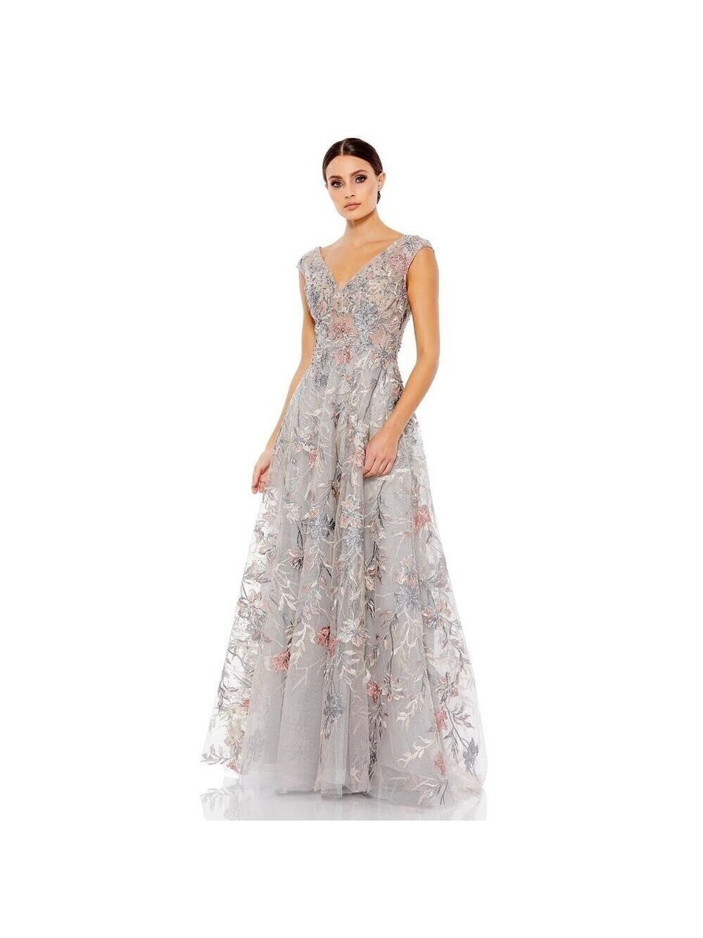 Mac Duggal Silver Gray Embroidered V-Neck A-Line Formal Gown Size 16 NWT Prom